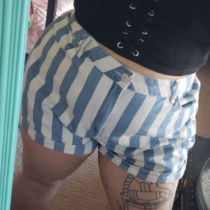 Blue and white striped denim shorts